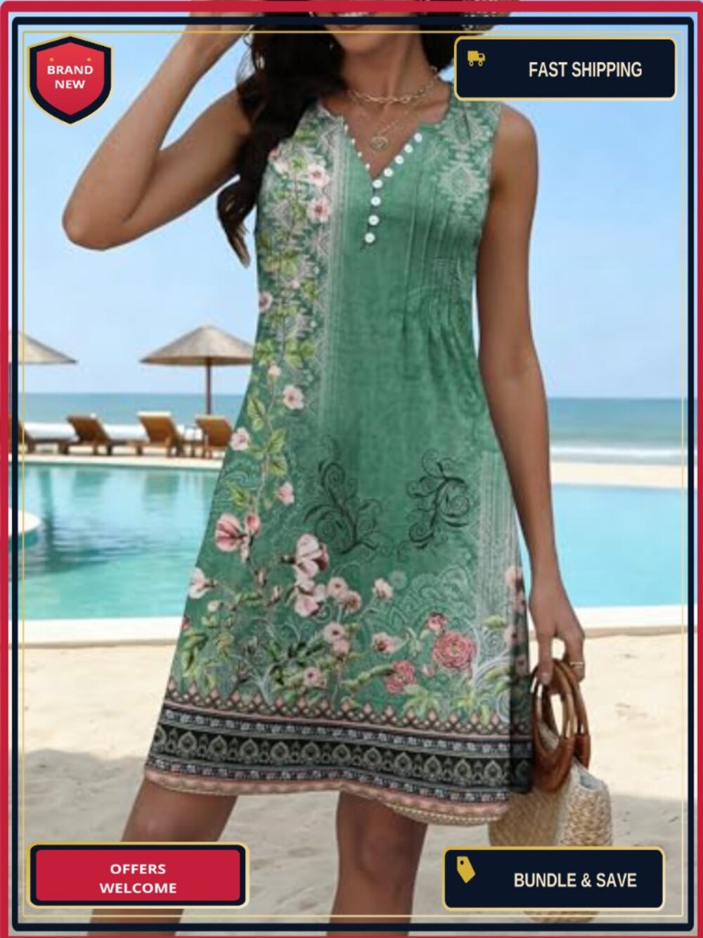 Sleeveless V-Neck Boho Floral Swing Dress with Pockets - Picture 3 of 6